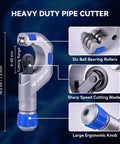 Heavy duty copper pipe cutter featuring ergonomic knob, six ball bearing rollers, and sharp speed cutting blades for HVAC plumbing.