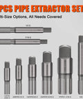 Heavy Duty Pro Grade 9 Piece Pipe Extractor Set For Damaged Pipes From One Eighth Inch To One Inch With Anti Slip Grip And Storage Case Deep Cut Thread Design For Secure Purchase On Broken Or Stripped Threads In Tight Spaces shown in multiple sizes against white background.