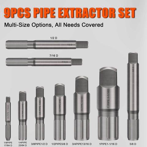 Heavy Duty Pro Grade 9 Piece Pipe Extractor Set For Damaged Pipes From One Eighth Inch To One Inch With Anti Slip Grip And Storage Case Deep Cut Thread Design For Secure Purchase On Broken Or Stripped Threads In Tight Spaces shown in multiple sizes against white background.