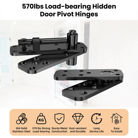 Premium Beefy Heavy Duty Hidden Door Pivot Hinge Kit for Secret Bookcase Doors, black steel hinges displayed, 570 lb load bearing