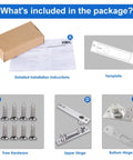 Package contents for Beefy 330 Lbs Heavy Duty Pivot Hinge include installation instructions, template, screws, upper and bottom hinges.