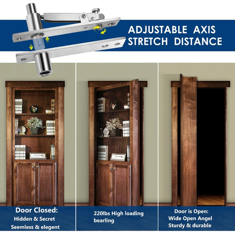 Beefy 330 Lbs Heavy Duty Pivot Hinge for Large Wood Doors and Bookshelves Invisible Pivot Hardware in various installation phases