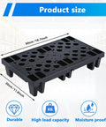 Heavy Duty Black Plastic Pallets 8 Pack Nestable HDPE Floor Pallets with breathable grid surfaces, shown with dimensions.