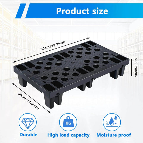 Heavy Duty Black Plastic Pallets 8 Pack Nestable HDPE Floor Pallets with breathable grid surfaces, shown with dimensions.