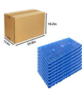 Stacked blue Heavy Duty Plastic Pallets Set Of 8 Nestable, Lightweight, Waterproof Storage Pads with dimensions next to box.