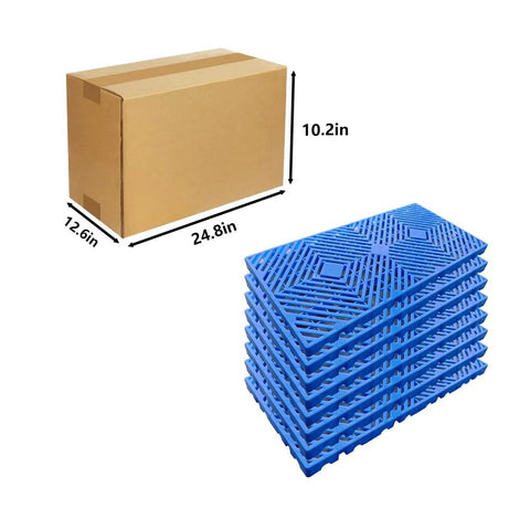 Stacked blue Heavy Duty Plastic Pallets Set Of 8 Nestable, Lightweight, Waterproof Storage Pads with dimensions next to box.