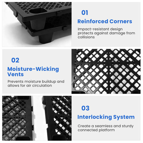 Beefy Heavy Duty Interlocking Plastic Pallets With Breathable Grids For Storage In Garage Warehouse Supermarket Restaurant And Kitchen, 8 Pack, 23.6 x 15.7 x 4.7 In, Black, showing reinforced corners and moisture-wicking vents.