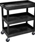 Heavy Duty Plastic Utility Cart For Warehouses And Workshops With Three Shelves 32 By 18 Rolling Tub Cart 300 Lb Capacity Ergonomic Push Handle Black By Luxor