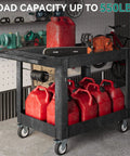 Heavy Duty Plastic Utility Cart With Wheels 550 Pound Capacity 45 By 25 Inch Rolling Cart With Two Shelves For Warehouse Garage School And Office Black loaded with red containers