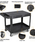 Beefy Heavy Duty Plastic Utility Cart With Flat Top And Two Shelves, black, ergonomic handle, 360° swivel wheels with brakes