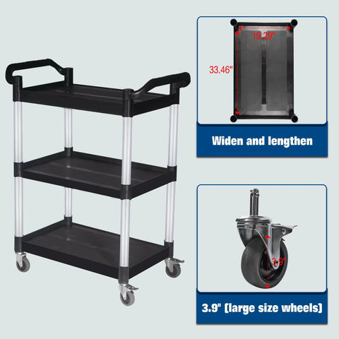 Heavy Duty Plastic Utility Cart With Locking Wheels And 550 Pound Capacity, Big Boss Restaurant Service Cart shown in black