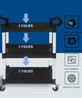 Heavy Duty Plastic Utility Cart With Locking Wheels And 550 Pound Capacity, Big Boss Restaurant Service Cart visible with 3 tiers