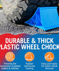 Heavy Duty Boat Trailer And RV Wheel Chocks 2 Pack With Rope And Rubber Pads stopping wheel from rolling on asphalt