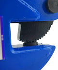 Close-up of Heavy Duty Vertical Plate Clamp with 0.8 inch jaw opening in blue safety coating for 2200 lbs industrial lifting and transport