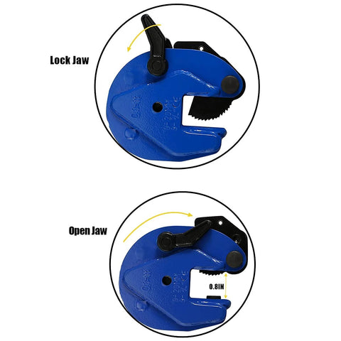 Heavy Duty Vertical Plate Clamp For Lifting And Transporting Up To 2200Lbs With 0.8 Inch Jaw Opening showing lock and open positions