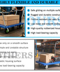 10 inch heavy duty pneumatic caster wheels set of 4 with rubber knobby tread on a blue cart carrying boxes.