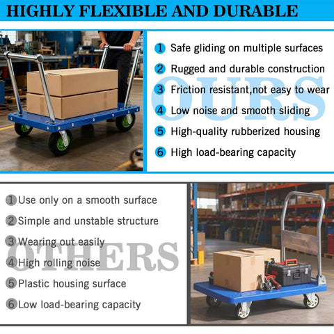 10 inch heavy duty pneumatic caster wheels set of 4 with rubber knobby tread on a blue cart carrying boxes.