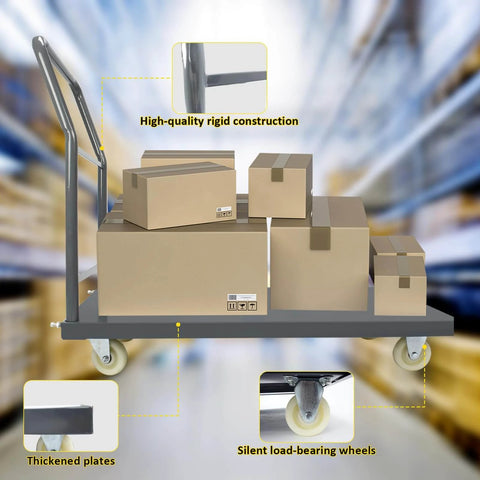 Heavy Duty Platform Truck Moving Flatbed Cart, 30"x48"Push Dolly with boxes and handle, steel flatbed cart in warehouse setting