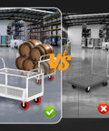 Comparison of 5IN1 Heavy Duty Platform Truck with Cage 44x28 Hand Truck loaded with barrels and an alternative empty cart.