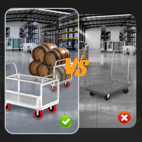 Comparison of 5IN1 Heavy Duty Platform Truck with Cage 44x28 Hand Truck loaded with barrels and an alternative empty cart.