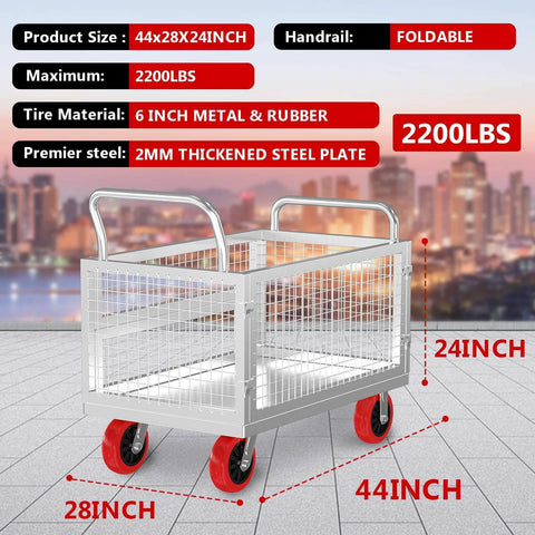 ✝️ 5IN1 Heavy Duty Platform Truck with Cage 44x28 Hand Truck Extra Large Version, 2200lbs Capacity Basket Cart shown with dimensions