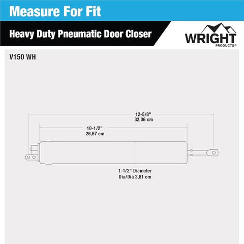 Diagram of Heavy-Duty Pneumatic Storm Door Closer - Durable, Adjustable, Quiet-Closing with size measurements, model V150 WH.