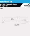 Diagram of Heavy Duty Pneumatic Screen & Storm Door Closer dimensions with Tap-N-Go measurement in white.