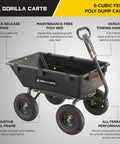 Heavy Duty Poly Yard Dump Cart with 6 Cu Ft Tub 1200 LB Haul Capacity Towable Utility Wagon showcasing features like quick release dumping.
