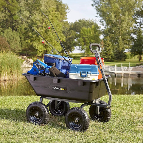 Heavy Duty Poly Yard Dump Cart with 6 Cu Ft Tub 1200 LB Haul Capacity Towable Utility Wagon loaded with tools and fishing gear