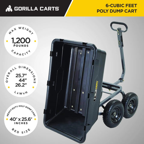 Heavy Duty Poly Yard Dump Cart with 6 Cu Ft Tub 1200 LB Haul Capacity Towable Utility Wagon with Quick Release Dumping and Pneumatic Tires.