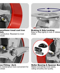Detailed view of 6 inch heavy duty polyurethane caster wheels with brakes, showcasing wheel features and smoothing mechanisms.
