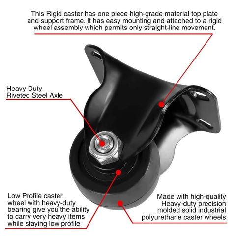 1.5 Inch Heavy Duty Polyurethane Caster Wheels, Rigid Fixed Non Swivel, Industrial Grade Solid Low Profile, Smooth And Silent Roll, 800 Lb Capacity Pack Of 4 For Heavy Carts And Dollies In Workshops And Warehouses showing features and construction details