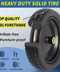 Cutaway view of 13" flat-free solid tire and wheel, with 5/8" axle bore hole, 2.2" offset hub, showing heavy duty polyurethane build