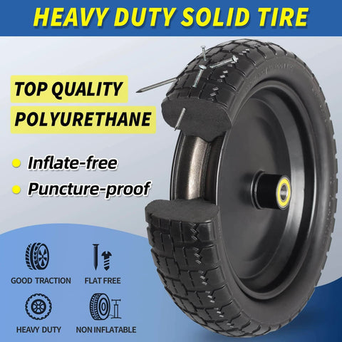 Cutaway view of 13" flat-free solid tire and wheel, with 5/8" axle bore hole, 2.2" offset hub, showing heavy duty polyurethane build
