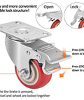 Diagram of 3 Inch Heavy Duty Industrial Swivel Caster Wheels with Brake showing lock mechanism and operation details.
