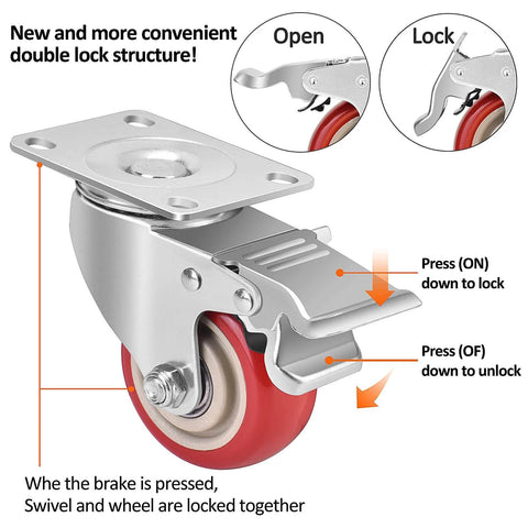 Diagram of 3 Inch Heavy Duty Industrial Swivel Caster Wheels with Brake showing lock mechanism and operation details.