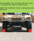 Heavy Duty Wheel Chock For 27-35 Inch Tires With 30,000 Lb Load Capacity, Polyurethane Build, Made In The USA, Durable Trailer Wheel Chock For Semi Trucks, Utility And Tractor Trailers UC1700 securing tire of military vehicle outdoors.