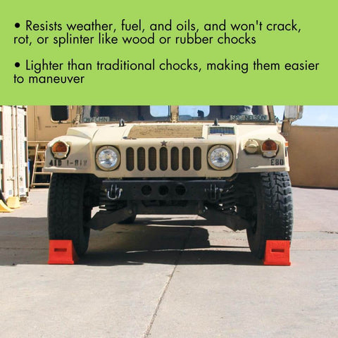 Heavy Duty Wheel Chock For 27-35 Inch Tires With 30,000 Lb Load Capacity, Polyurethane Build, Made In The USA, Durable Trailer Wheel Chock For Semi Trucks, Utility And Tractor Trailers UC1700 securing tire of military vehicle outdoors.