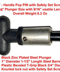 Side view of SBDs POP pull pin with plastic T-handle knob; 1 in dia steel barrel, 1-1/2 in length, knurled nut