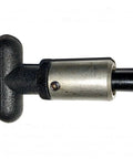 Side view of SBDs POP pull pin assembly with black plastic T-handle and welded steel barrel.