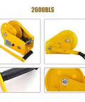 Yellow steel hand winch with ratchet crank and mounting base for ATV/UTV/boat use