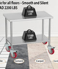 4 Inch Prep Table Caster Wheels Set Of 4 installed on stainless steel table with weights on tile and carpet surfaces