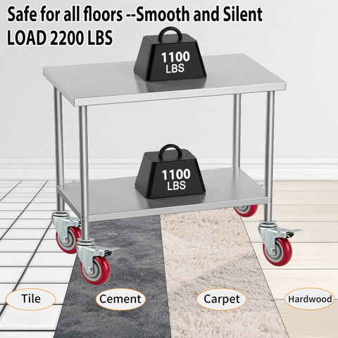 4 Inch Prep Table Caster Wheels Set Of 4 installed on stainless steel table with weights on tile and carpet surfaces