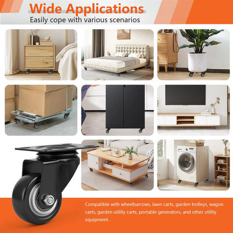 Multiple uses of 2 Inch PU Swivel Caster Wheels Set Of 4 for carts, workbenches, and furniture with various household items