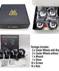 Heavy Duty 4 Inch Plate Caster Wheels With Polyurethane No Noise Premium Double Ball Bearing Steel Locking Swivel Casters 330 Lbs Per Caster Pack Of 4 Two Swivel Dual Locking And Two Swivel Black boxed set with accessories.