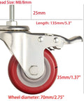 Side view of Heavy Duty Stem Caster Wheels With PU Castors For Quiet Smooth Operation No Noise 360 Degree Swivel Dual Locking Brakes