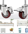 Heavy Duty PU Wheel Caster Set With 360 Degree Swivel Casters And Double Brakes, M12 Threaded Stem, 3 Inch And 4 Inch Options