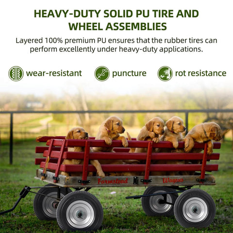 Puppies in a red wagon with 8 Inch Solid Wheel Replacement 2 Pack featuring 2.50-4 Flat Free Tire and Wheel, Offset Hub 2.2 Inch