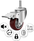 Heavy Duty PU Wheel Caster Set With 360 Degree Swivel Casters And Double Brakes, M12 Threaded Stem, 3 Inch And 4 Inch Options