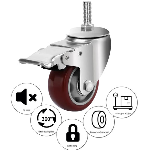 Heavy Duty PU Wheel Caster Set With 360 Degree Swivel Casters And Double Brakes, M12 Threaded Stem, 3 Inch And 4 Inch Options